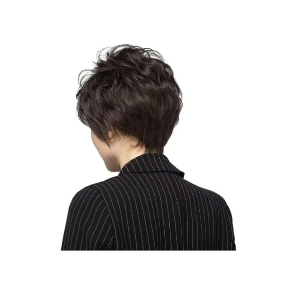 Nuxovin Dark Brown Human Hair Wig Pixie Cut Bangs 6 Inch Lightweight Breathable